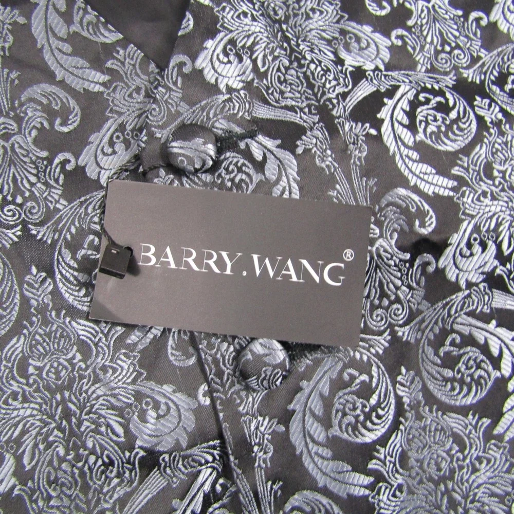 Barry Wang Suit Vest Men 5XL Black Silver Damask Paisley Formal Waistcoat